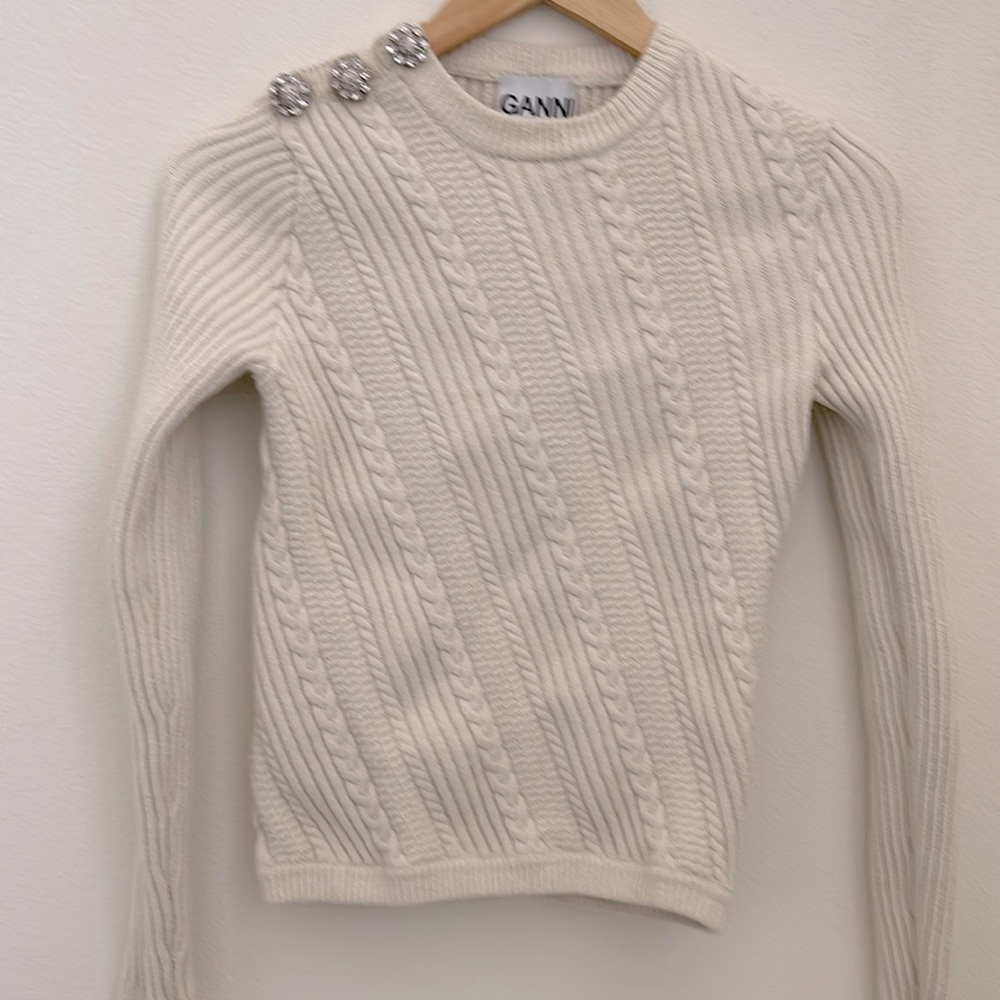 Ganni White Cable Knit Sweater with Crystal Buttons XS
